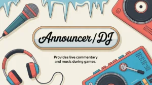 Microphone headphones turntable with announcer DJ nameplate on ice background