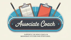 Nameplate reading Associate Coach with hockey tactics clipboard