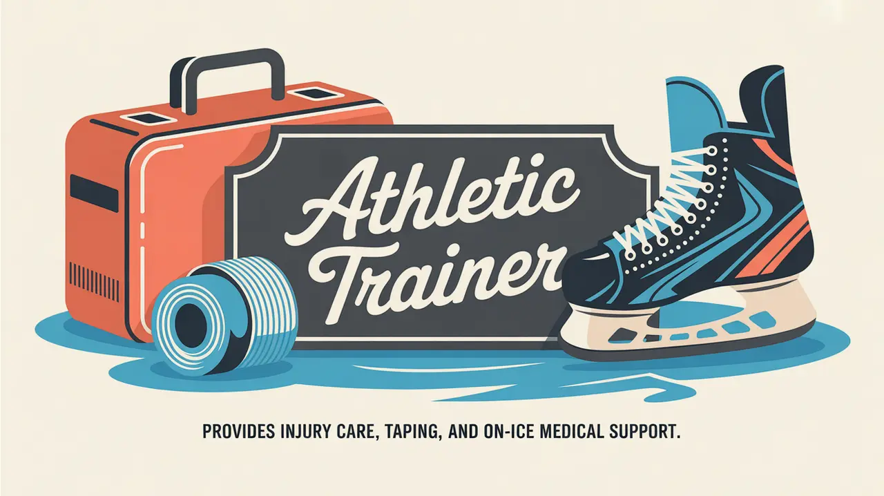 Illustration of athletic trainer tools on ice background with nameplate