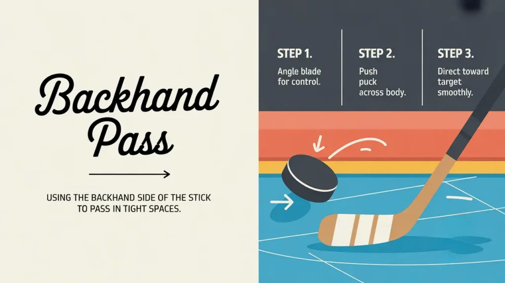 Illustration showing steps for backhand pass technique in ice hockey