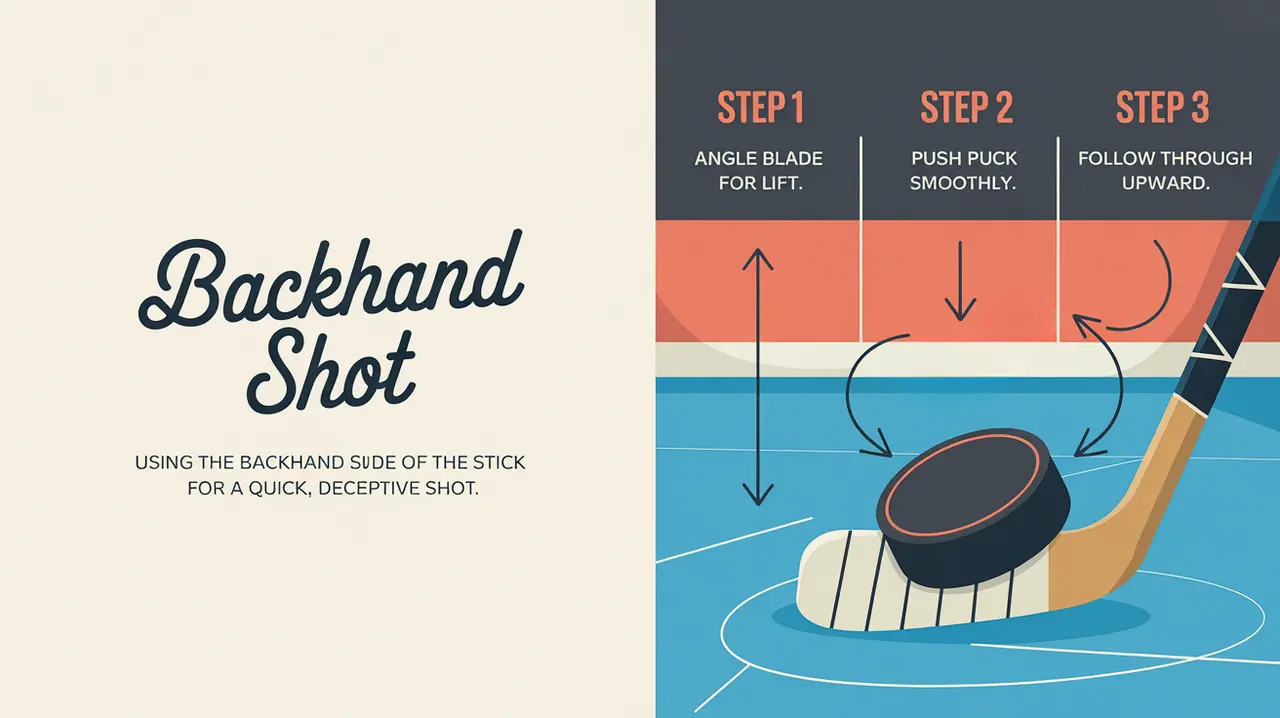 Split-screen illustration of backhand shot steps with blade and puck