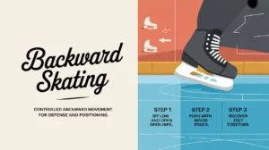 Split-screen illustration of backward skating steps and technique
