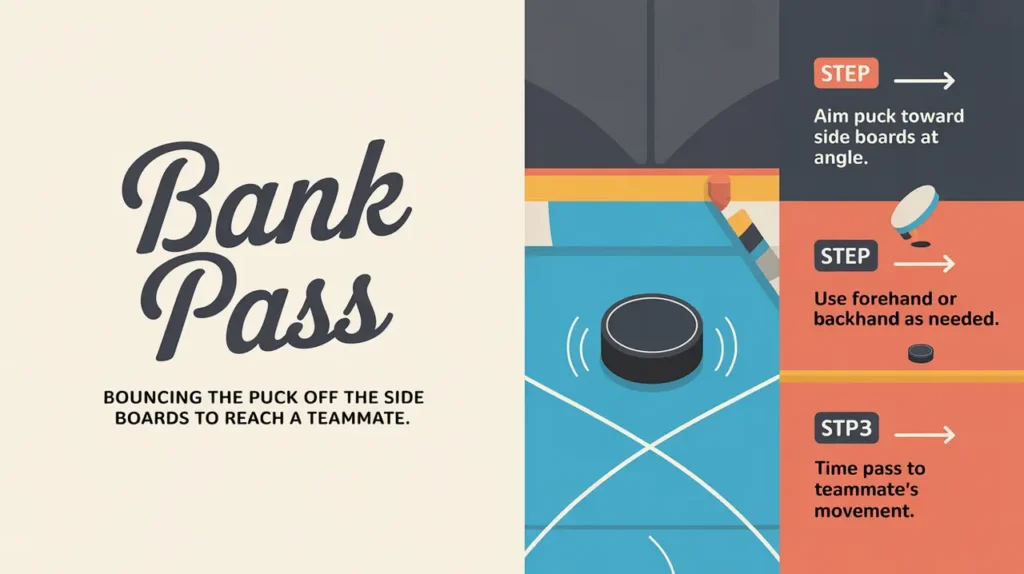 Illustration of hockey bank pass steps with puck and boards