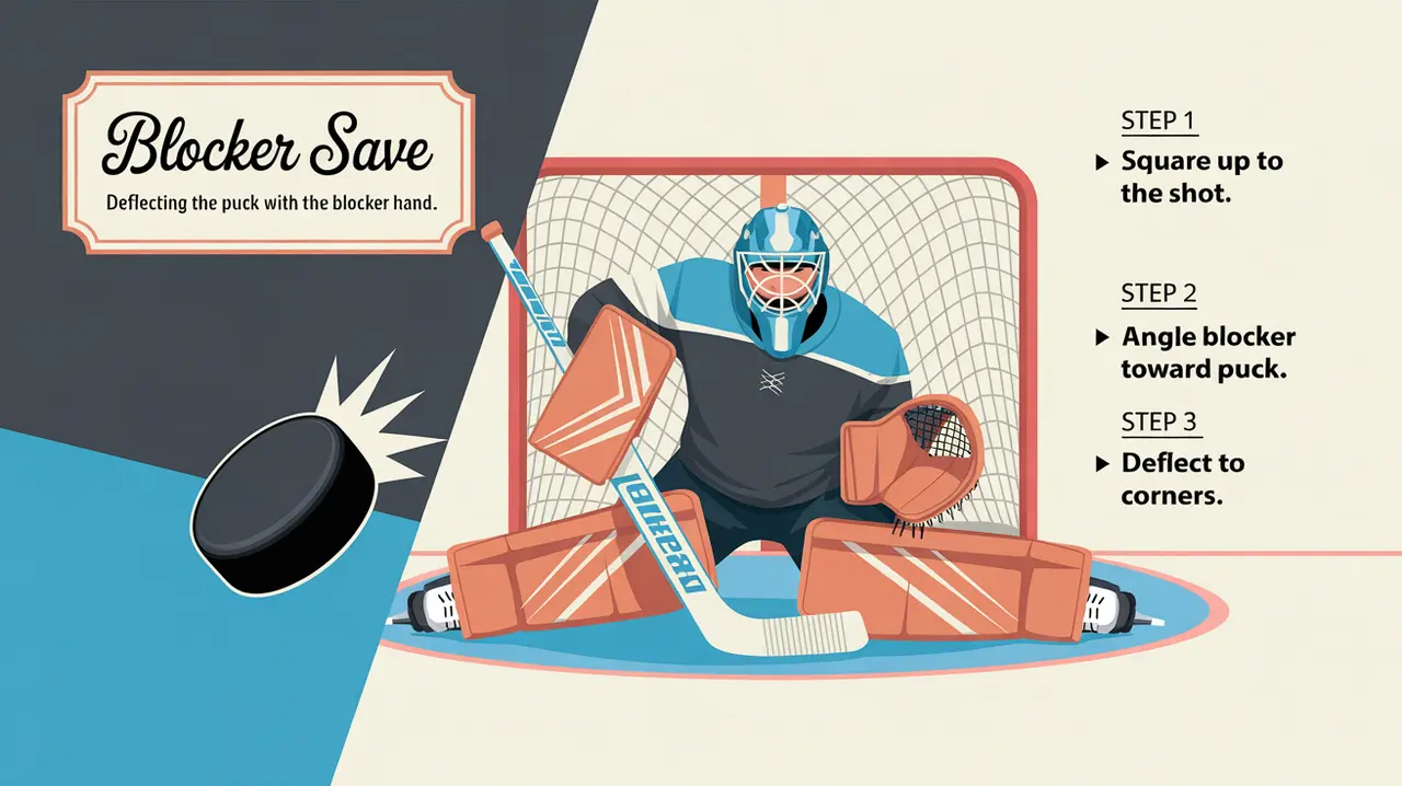 Illustration of goalie performing blocker save with labeled steps