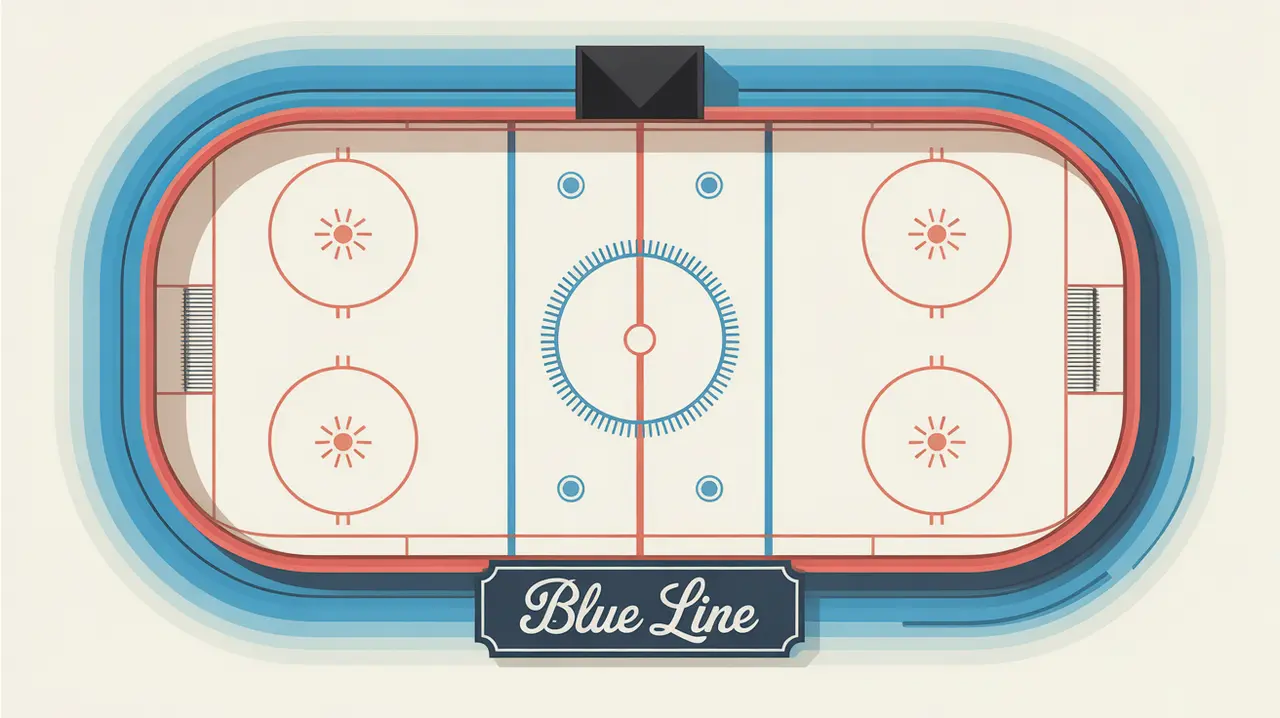 Close-up top-down view of a rink blue line segment with geometric accents