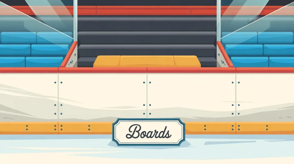 Detailed illustration of rink boards with white panels and yellow kick plate