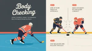 Illustration of ice hockey body checking steps with player silhouettes and puck