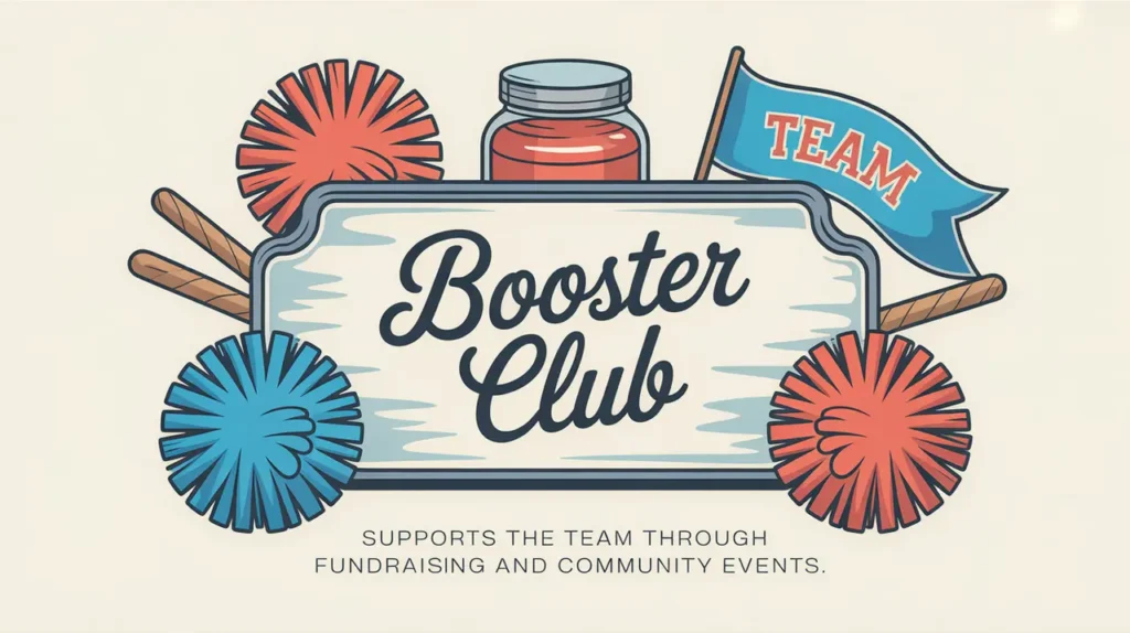 Polished nameplate reading Booster Club with pom-poms and team banner