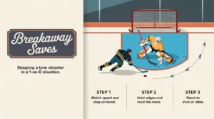 Ice hockey goalie making breakaway save with step instructions