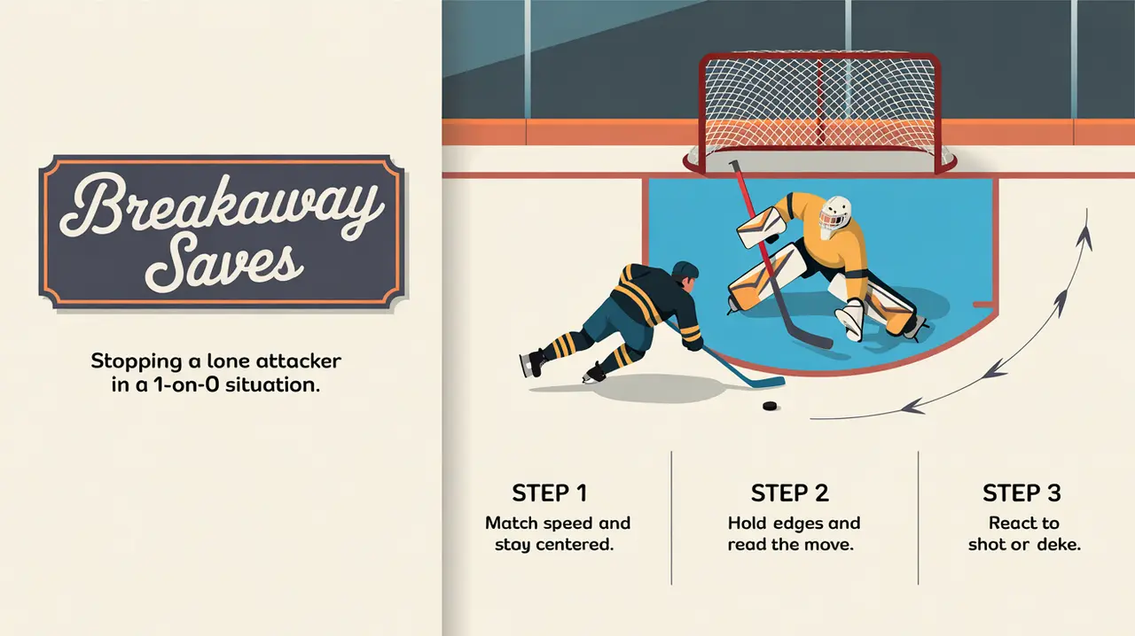 Ice hockey goalie making breakaway save with step instructions
