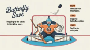 Front-facing goalie in butterfly stance blocking low shot with labeled steps