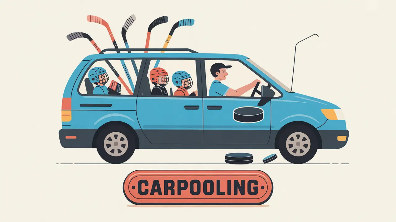 Minivan with hockey sticks and kids inside carrying gear