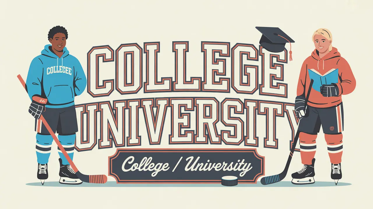 College hockey players in academic hoodies with hockey gear and campus background
