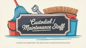 Illustration of custodial tools and rink boards with nameplate