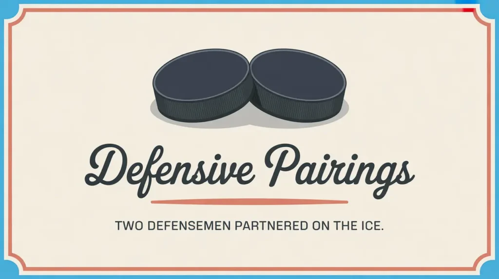 Illustration of two defensemen paired on ice with nameplate