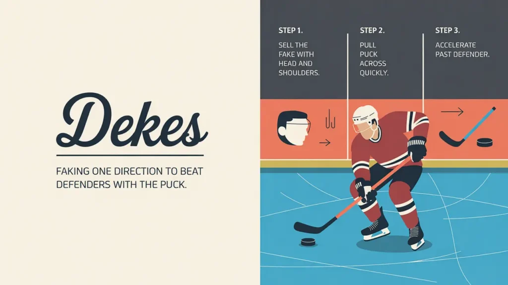 Split-screen illustration showing hockey deke steps and nameplate
