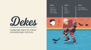 Split-screen illustration showing hockey deke steps and nameplate