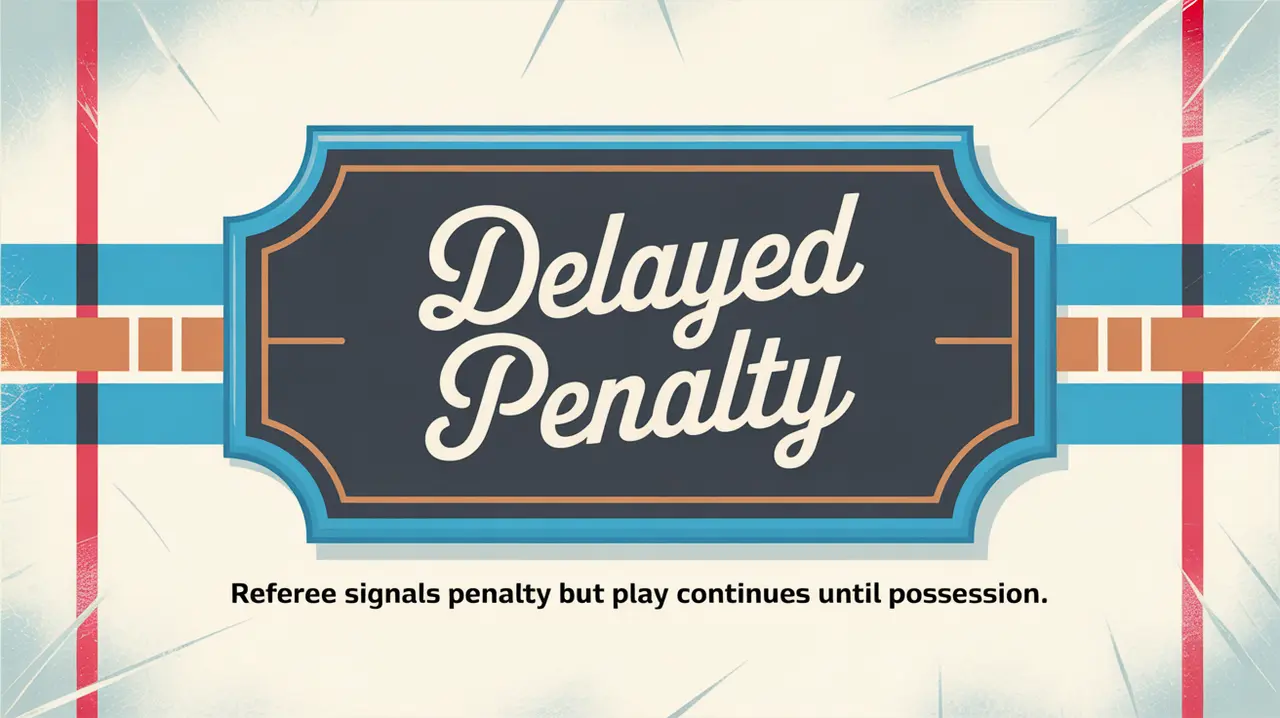 Illustration of delayed penalty with referee signal on ice background