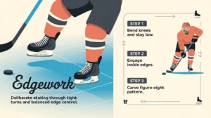Split-screen hockey edgework drill with labeled steps and skate blades