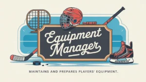 Equipment manager nameplate with hockey gear and tools