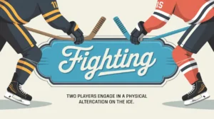 Illustration of two hockey players fighting on ice with elegant nameplate