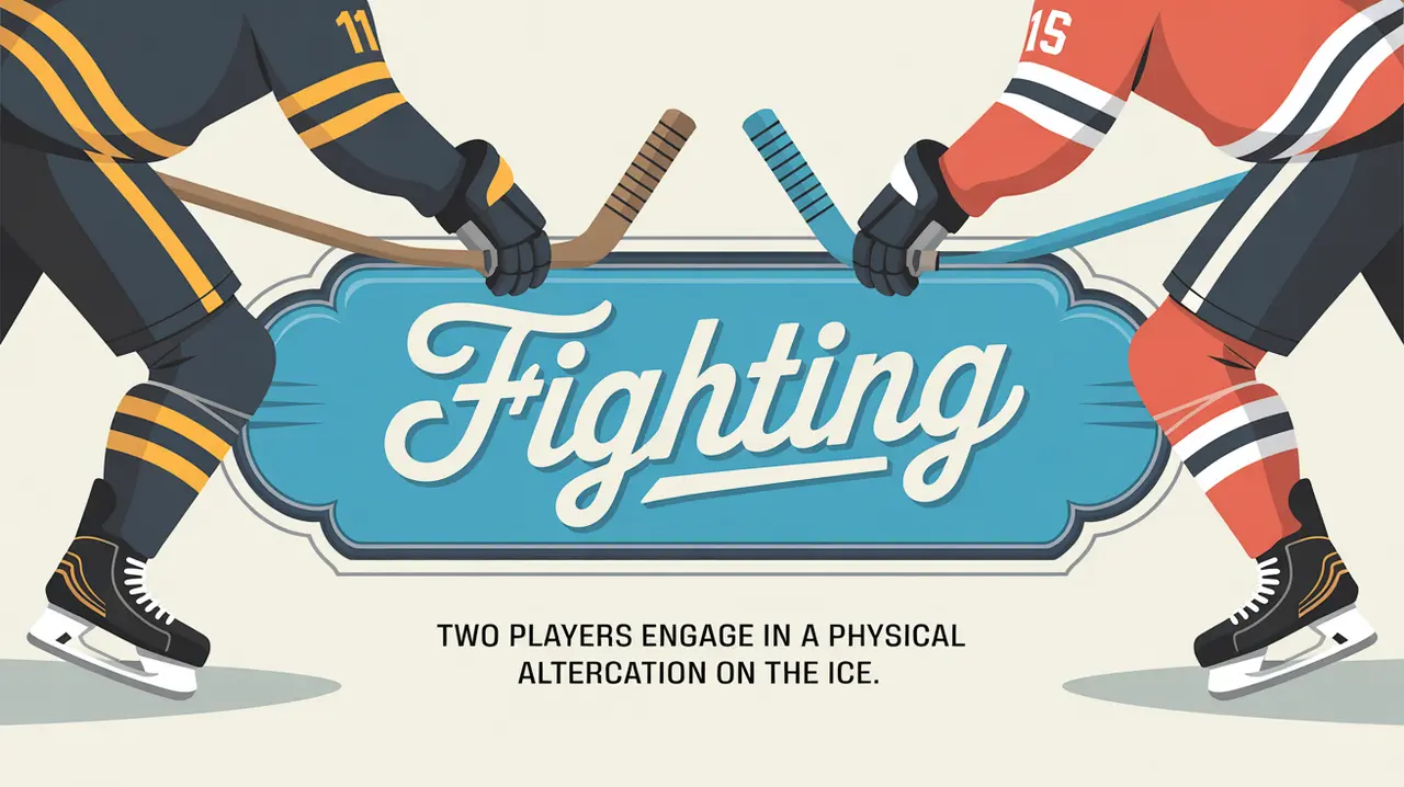 Illustration of two hockey players fighting on ice with elegant nameplate