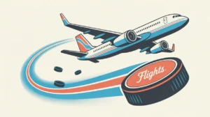 Airplane flying with crossed hockey sticks and puck trail