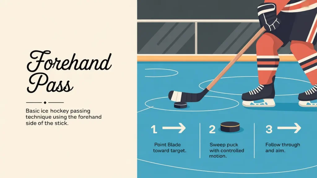 Illustration of forehand pass hockey drill steps with stick and puck icons