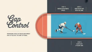 Illustration showing gap control steps and defender positioning in hockey