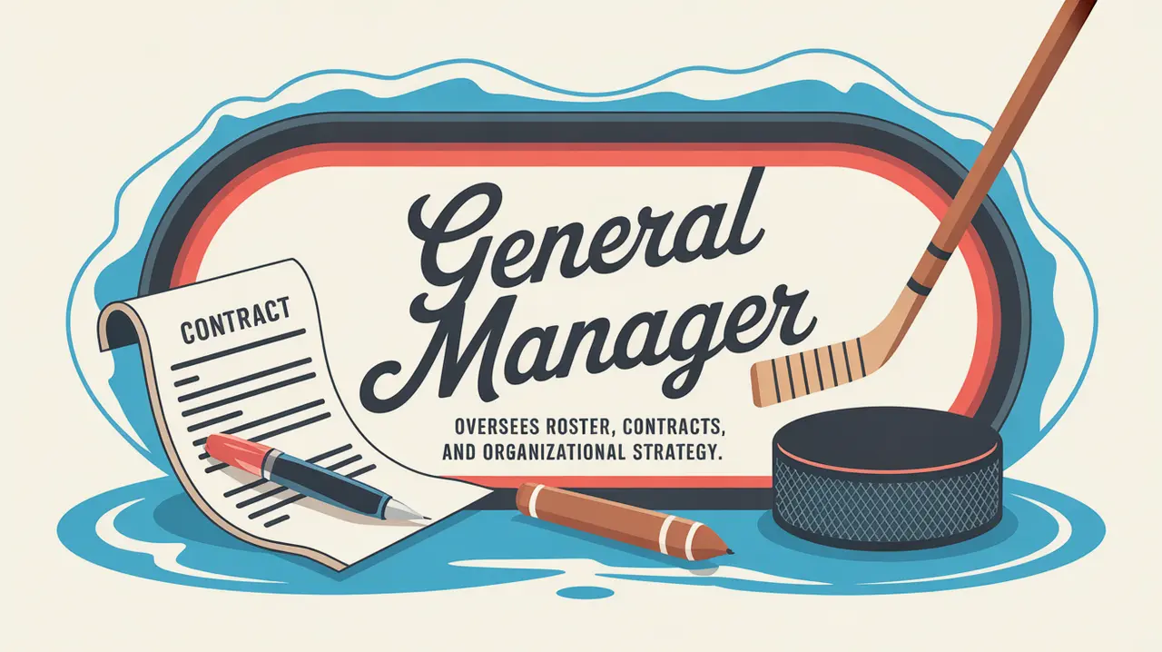 Nameplate reading General Manager with hockey contract, pen, and puck on ice background