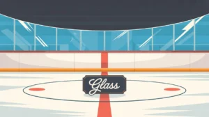 Transparent rink glass panels above boards with reflections and geometric accents