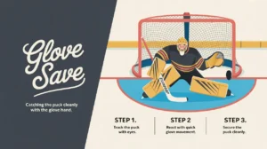 Illustration of hockey goalie making a glove save with labeled steps