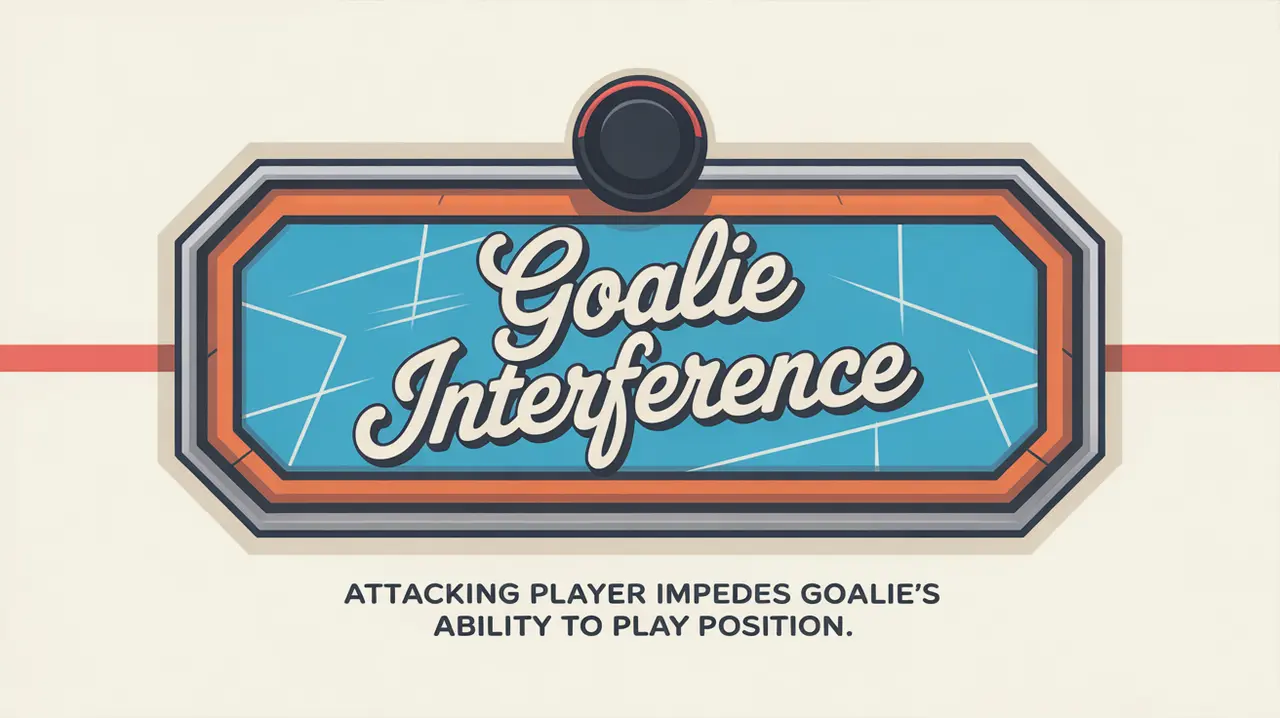 Illustration of goalie interference with nameplate on ice background