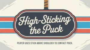 Nameplate reading High-Sticking the Puck on ice background with player stick above shoulder