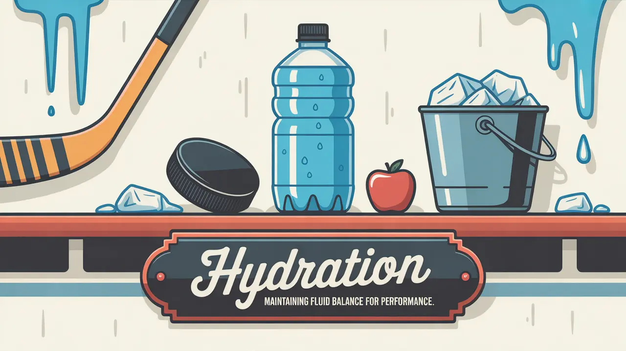 Hockey locker shelf with water bottle puck and towel labeled Hydration