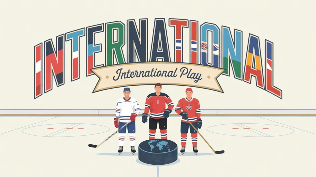 Three international hockey players under tournament banner with globe-themed puck