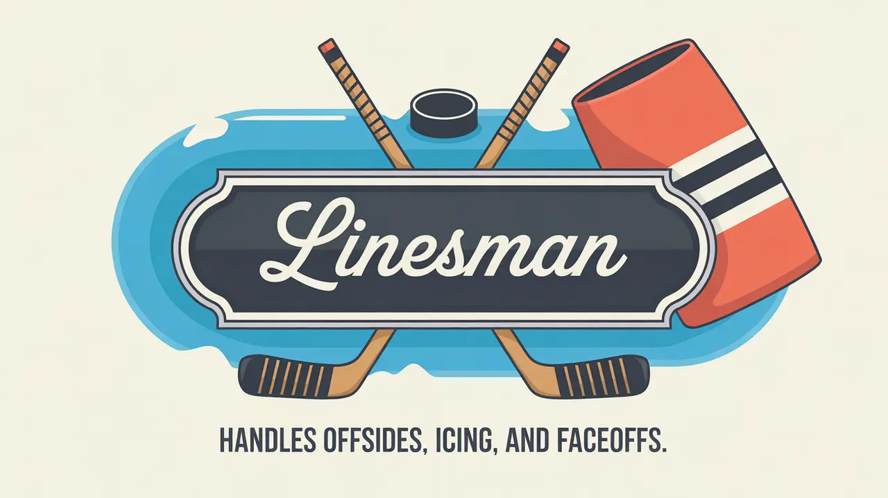 Illustration of linesman hockey role with crossed sticks and faceoff dot
