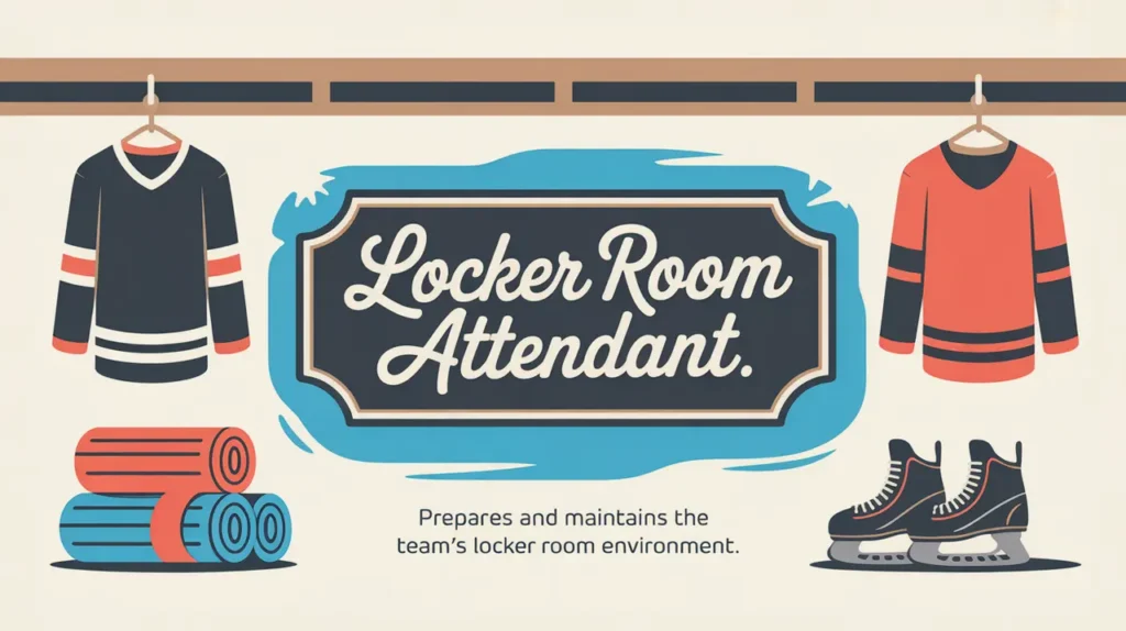Locker room attendant nameplate with jerseys towels and skate mats