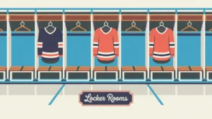 Stylized hockey locker room with benches and hanging jerseys