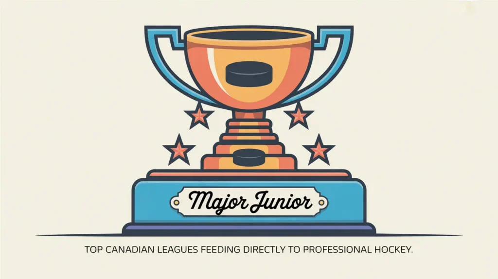 Illustration of Major Junior hockey trophy with star handles and puck engravings