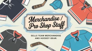 Nameplate with Merchandise Pro Shop Staff surrounded by hockey gear and apparel