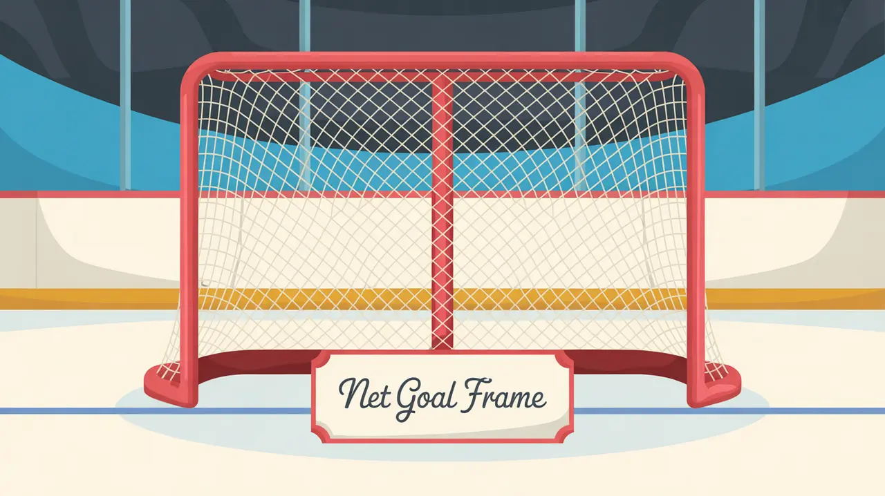 Hockey goal frame with red metal piping and white netting on ice