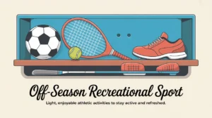 Hockey locker shelf with soccer ball tennis racket golf club running shoes