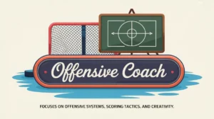 Hockey net and chalkboard with offensive play diagram and nameplate Offensive Coach