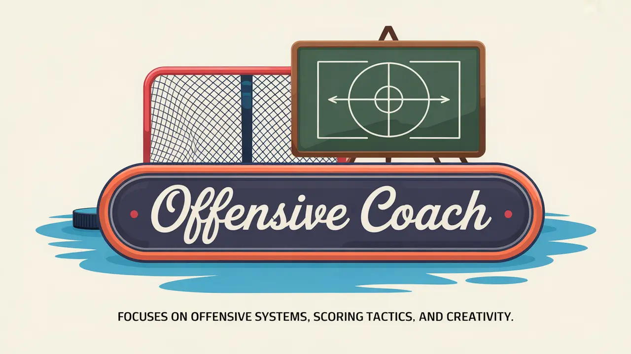 Hockey net and chalkboard with offensive play diagram and nameplate Offensive Coach