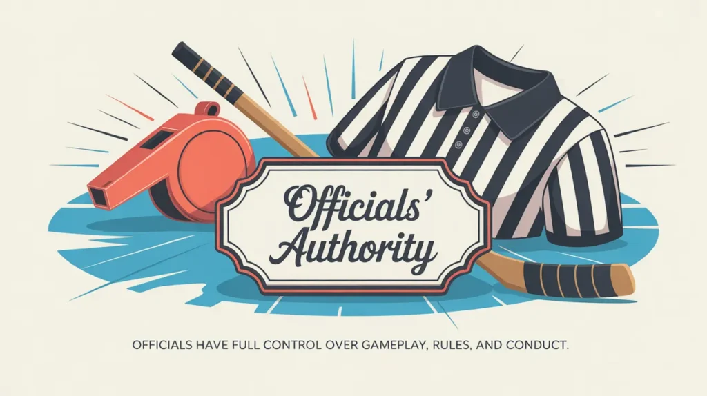 Whistle and gavel crossed over ice background with Officials' Authority text
