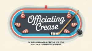 Illustration of hockey officiating crease with nameplate and striped cones