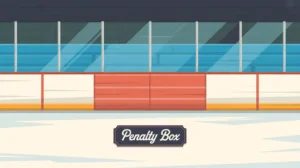 Detailed rink-level illustration of a hockey penalty box with glass panels and benches