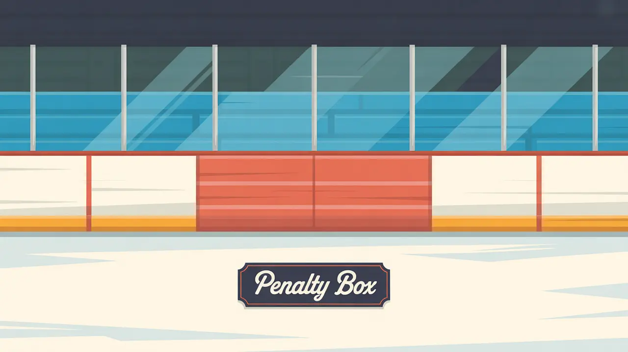 Detailed rink-level illustration of a hockey penalty box with glass panels and benches