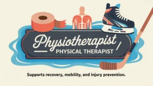 Nameplate with physiotherapy tools on ice background